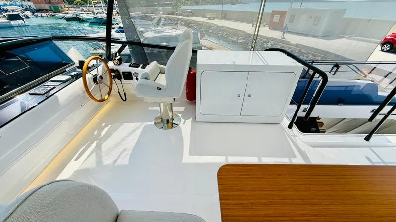  Yacht Photos Pics 2025 Azimut Magellano 60 yacht helm with modern controls and ocean view.