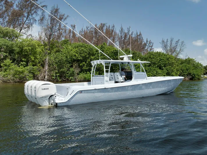 O'fishal Business Yacht Photos Pics 2025 Contender 44 ST boat on calm water, featuring Yamaha engines.