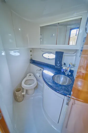  Yacht Photos Pics 2002 Carver 410 Sport Sedan bathroom with sink, toilet, and mirror.