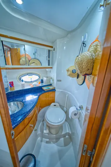  Yacht Photos Pics 2002 Carver 410 Sport Sedan bathroom with modern fixtures and blue countertop.