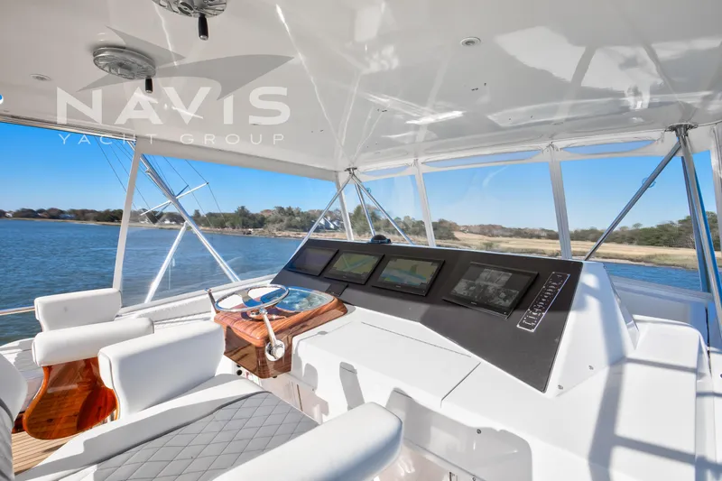 Covert Mission Yacht Photos Pics Interior view of 1998 Viking 58 Convertible yacht cockpit with navigation screens.
