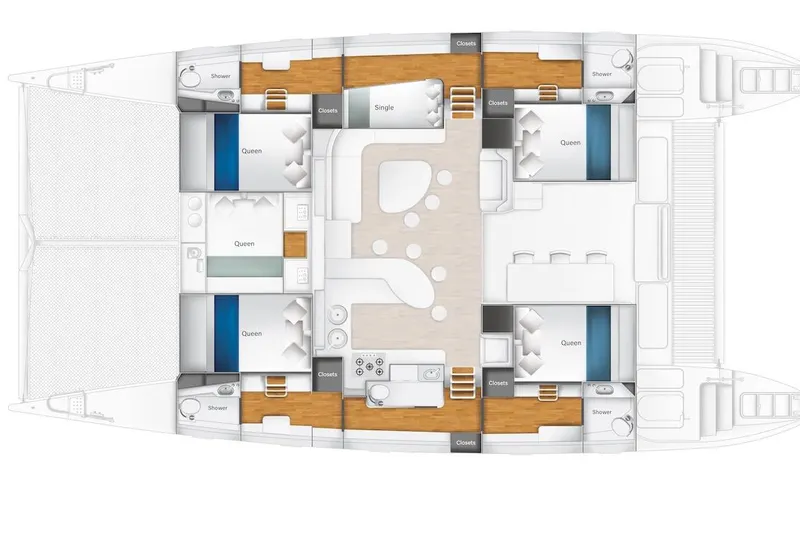 Osprey Yacht Photos Pics Floor plan of 2011 Voyage Yachts 520, featuring multiple queen beds and showers.