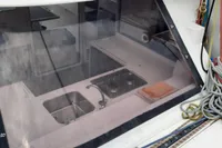 Interior view of 2014 Nautitech 40 Open catamaran kitchen through window.