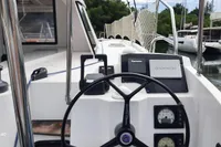 Cockpit view of 2014 Nautitech 40 Open catamaran with Garmin navigation system.