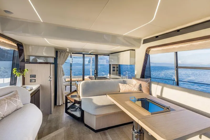 Absolute 47 Fly Yacht Photos Pics Luxurious interior of 2025 Absolute 47 Fly yacht with panoramic ocean views.
