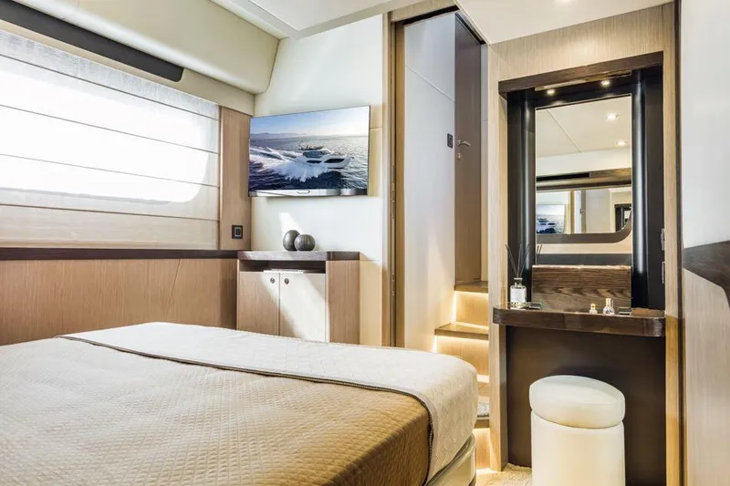 Absolute 47 Fly Yacht Photos Pics Luxurious cabin interior of 2025 Absolute 47 Fly yacht with modern decor and amenities.