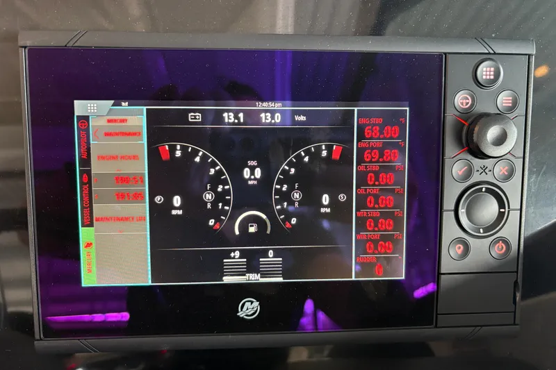  Yacht Photos Pics Dashboard display of a 2021 Formula 330 Crossover Bowrider I/O boat, showing engine metrics.