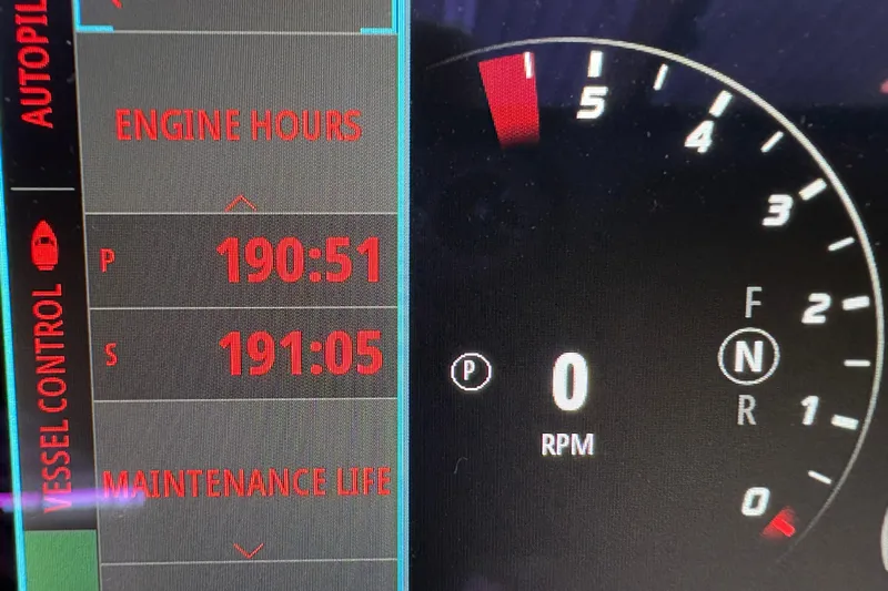  Yacht Photos Pics Dashboard of 2021 Formula 330 Crossover Bowrider I/O showing engine hours and RPM.