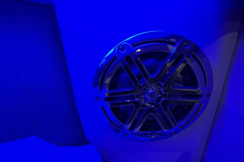  Yacht Photos Pics Speaker with blue LED lighting on 2021 Formula 330 Crossover Bowrider I/O boat.
