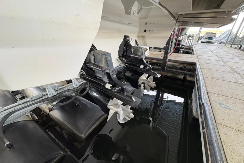  Yacht Photos Pics 2021 Formula 330 Crossover Bowrider I/O with dual MerCruiser engines at dock.