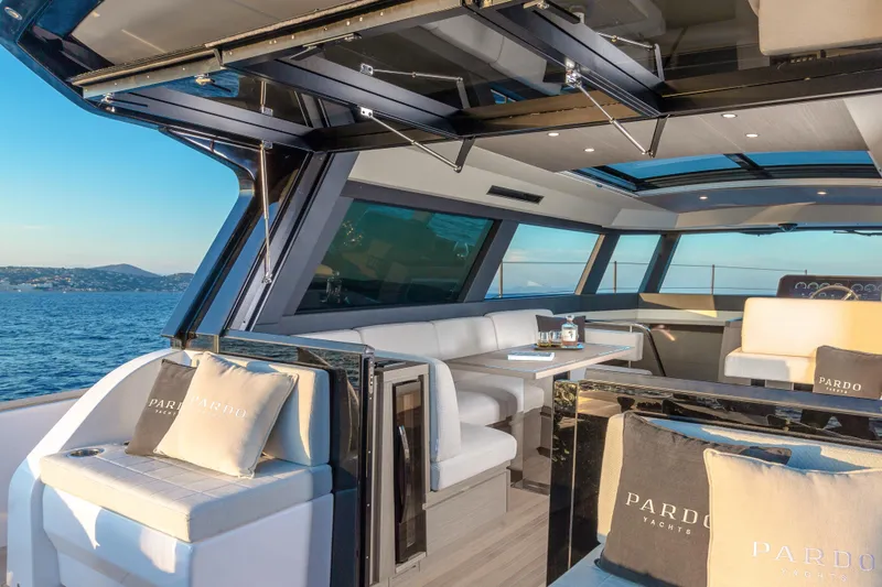  Yacht Photos Pics Luxurious interior of 2026 Pardo Yachts GT52 with elegant seating and ocean view.