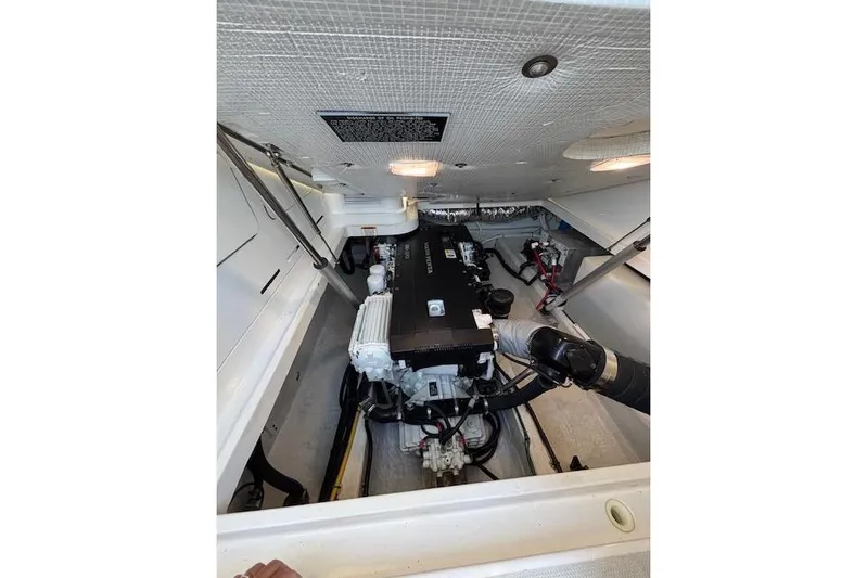 Hannah E Yacht Photos Pics Engine compartment of a 2018 Back Cove 30 boat, showcasing mechanical components.