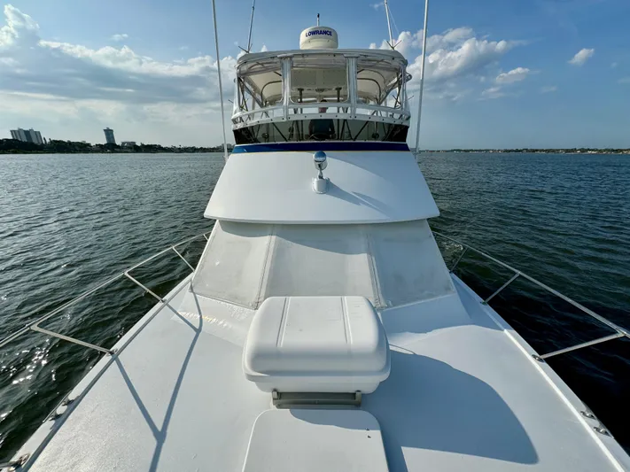 Reel Amnesia Yacht Photos Pics 1984 Hatteras 36 Convertible yacht on calm water under a clear sky.