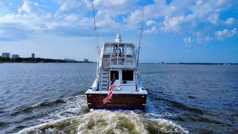 Reel Amnesia Yacht Photos Pics 1984 Hatteras 36 Convertible boat cruising on open water under a blue sky.