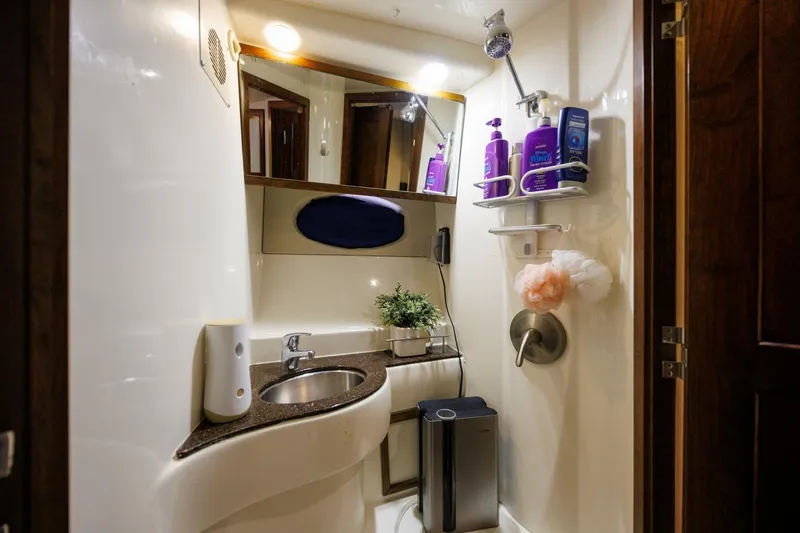Why Knot Yacht Photos Pics 2010 Meridian 391 Sedan bathroom with sink, mirror, and shower essentials.