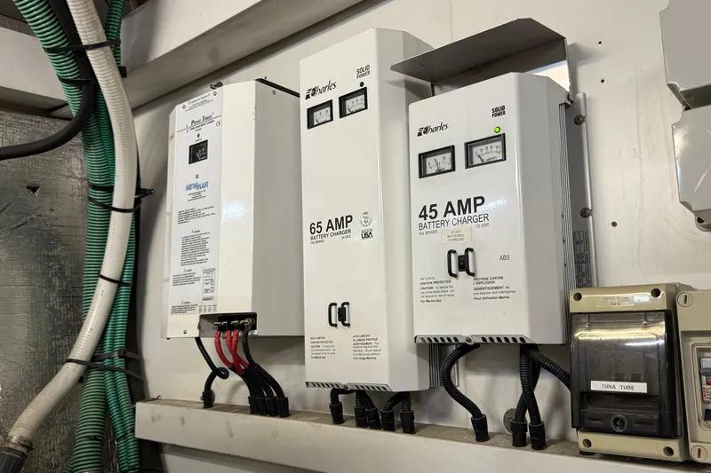  Yacht Photos Pics Battery chargers and electrical panel on a 2005 Sunseeker 75 Sport Yacht.