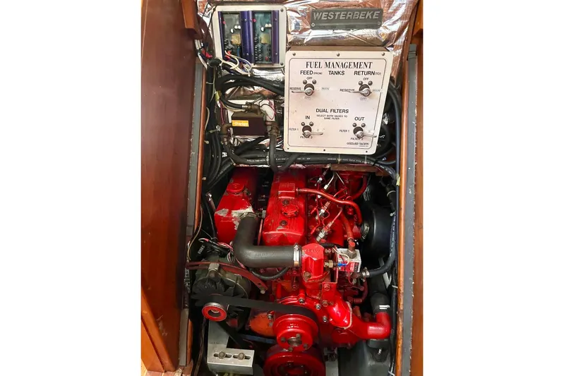  Yacht Photos Pics Engine compartment of a 1997 Gozzard 44 sailboat with Westerbeke fuel management system.