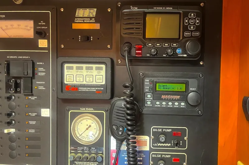  Yacht Photos Pics Control panel of a 1997 Gozzard 44 yacht with communication and monitoring systems.