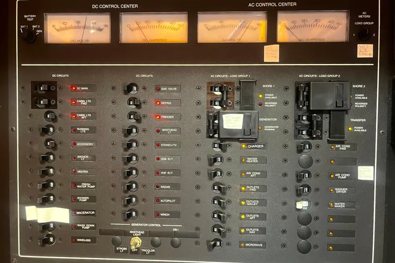  Yacht Photos Pics Control panel of a 1997 Gozzard 44 yacht, featuring DC and AC circuits.