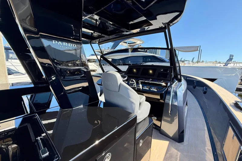  Yacht Photos Pics 2026 Pardo Yachts 50 interior with sleek black design and modern controls.