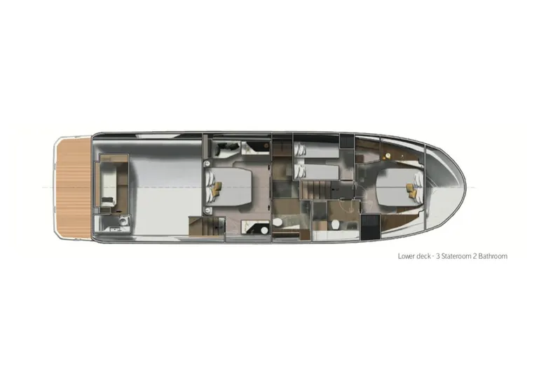  Yacht Photos Pics Manufacturer Provided Image: 2022 Prestige X60 lower deck layout with 3 staterooms and 2 bathrooms.
