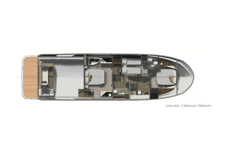  Yacht Photos Pics Manufacturer Provided Image: 2023 Prestige X60 yacht lower deck layout with 3 staterooms and 3 bathrooms.