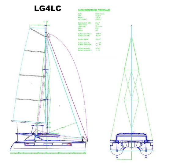 Martina Yacht Photos Pics Blueprint of 2021 Lagoon LAGOON 46 catamaran, showcasing side and front views.