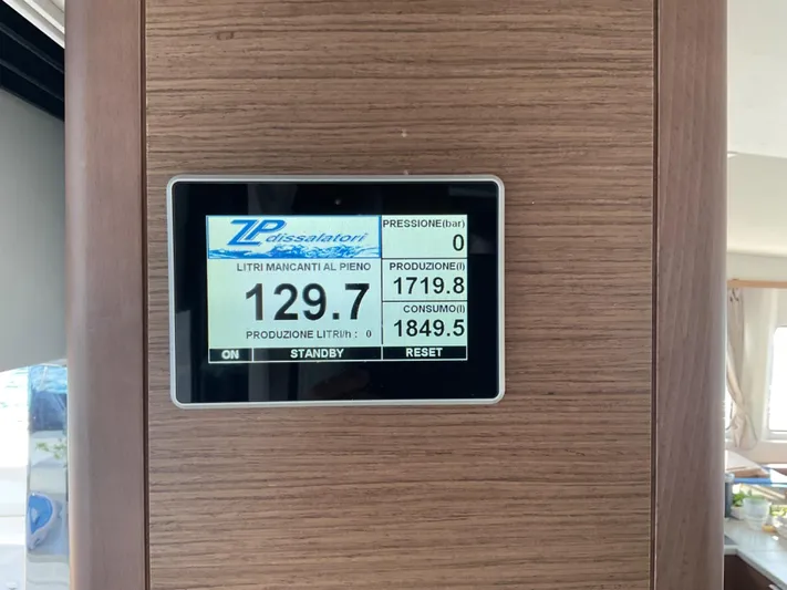 Martina Yacht Photos Pics Control panel on Lagoon 46 yacht displaying water production and consumption metrics.