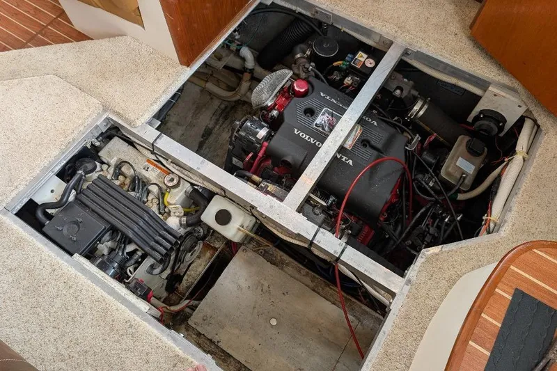 This New Interior Is Amazing! Yacht Photos Pics Engine compartment of a 2003 Carver 356 Motor Yacht with Volvo Penta engine.
