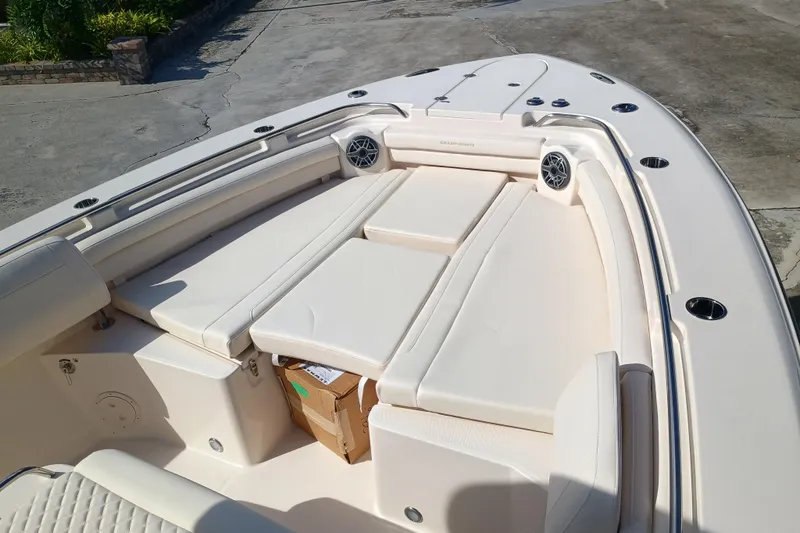 336-617 Yacht Photos Pics Grady-White Canyon 336, 2026, luxurious boat interior with cushioned seating.