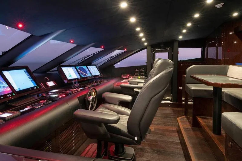 M/y Nexus Yacht Photos Pics Luxurious Sunseeker 40 Metre Yacht 2019 cockpit with advanced navigation systems and plush seating.