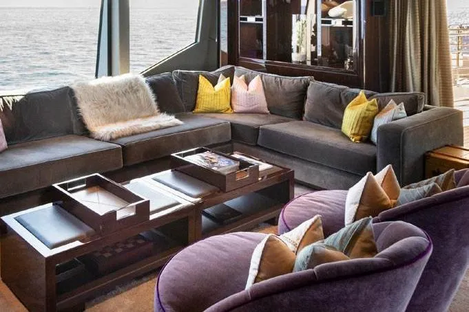 M/y Nexus Yacht Photos Pics Luxurious Sunseeker 40 Metre Yacht 2019 interior with plush seating and ocean view.