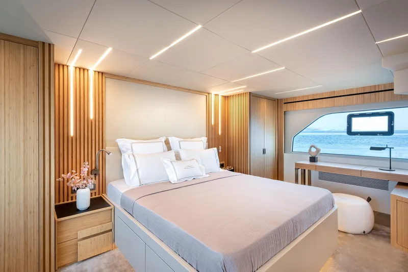Numarine 22xp Yacht Photos Pics Luxurious 2025 Numarine 22XP yacht bedroom with modern design and ocean view.