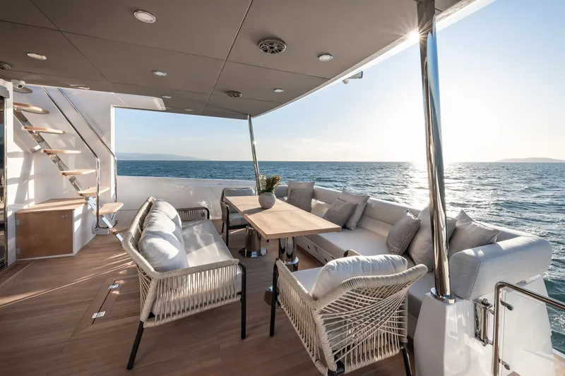 Numarine 22xp Yacht Photos Pics Luxury deck of 2025 Numarine 22XP yacht with ocean view and elegant seating.