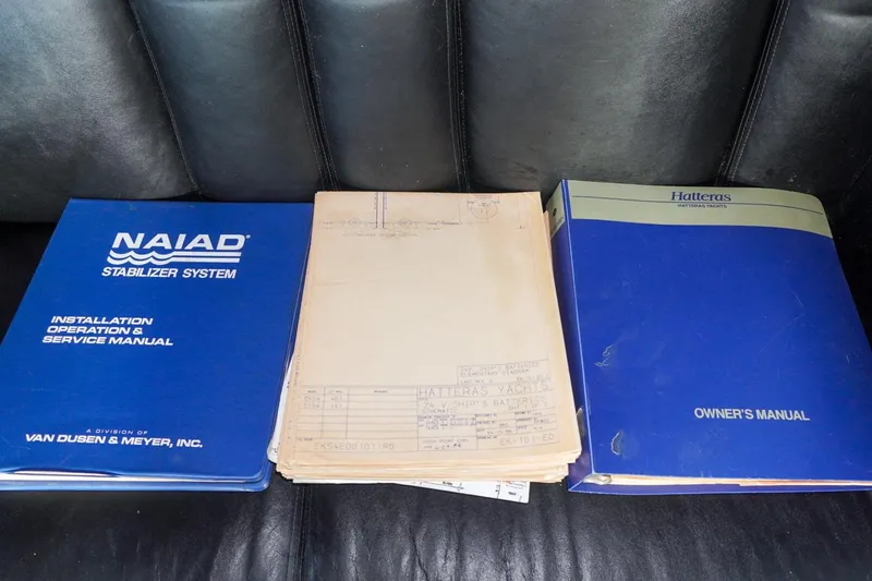 Sunset Grille Yacht Photos Pics Manuals for 1990 Hatteras 62 Cockpit Motor Yacht and Naiad Stabilizer System on leather seat.