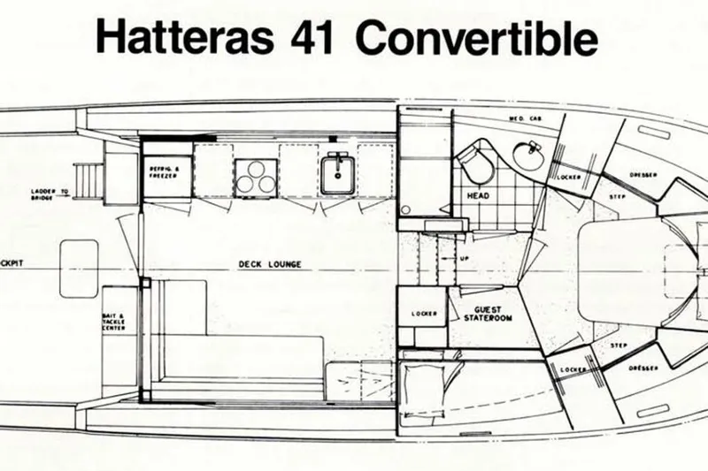  Yacht Photos Pics Floor plan of 1990 Hatteras 41 Convertible yacht, featuring deck lounge and guest stateroom.