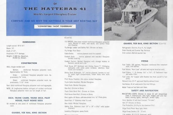  Yacht Photos Pics 1990 Hatteras 41 Convertible yacht brochure with specifications and features, showcasing luxury and design.