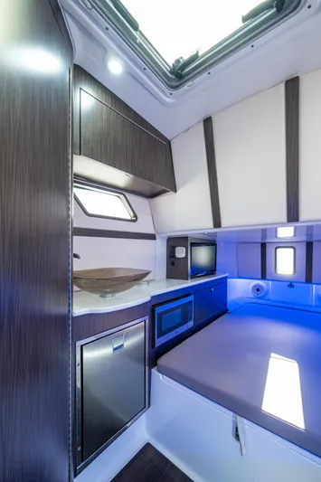  Yacht Photos Pics Interior of 2020 Edgewater 370CC boat with modern amenities and sleek design.