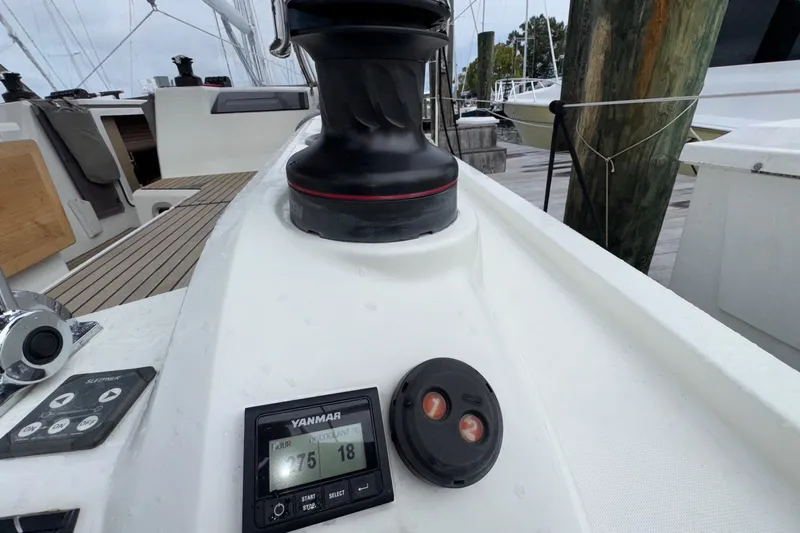 Bluebird Yacht Photos Pics Close-up of 2022 Beneteau Oceanis 40.1 sailboat deck with winch and Yanmar display.