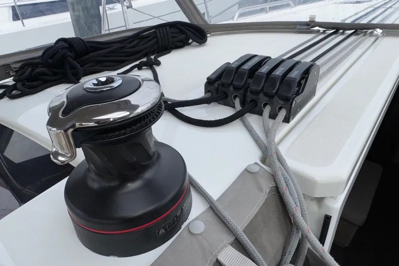 Bluebird Yacht Photos Pics Winch and rope clutches on 2022 Beneteau Oceanis 40.1 sailboat deck.
