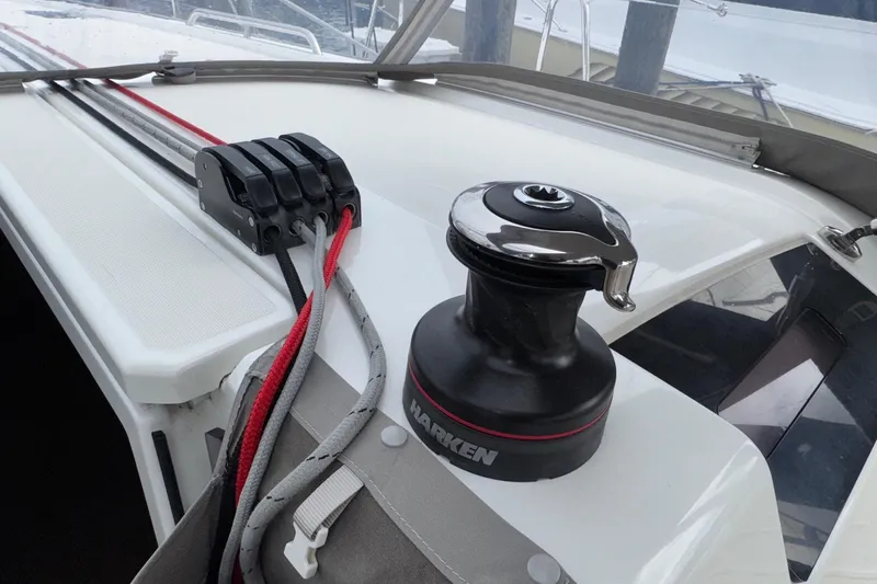 Bluebird Yacht Photos Pics Winch and ropes on 2022 Beneteau Oceanis 40.1 sailboat deck.