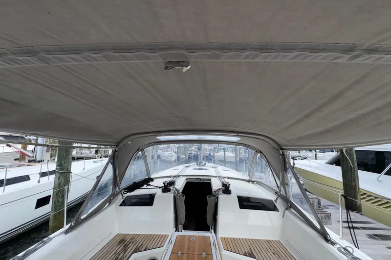 Bluebird Yacht Photos Pics Beneteau Oceanis 40.1 sailboat cockpit view, 2022 model, docked at marina.