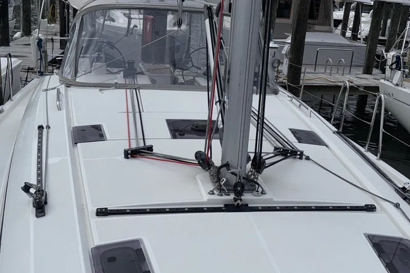 Bluebird Yacht Photos Pics 2022 Beneteau Oceanis 40.1 sailboat deck with rigging and docked marina view.