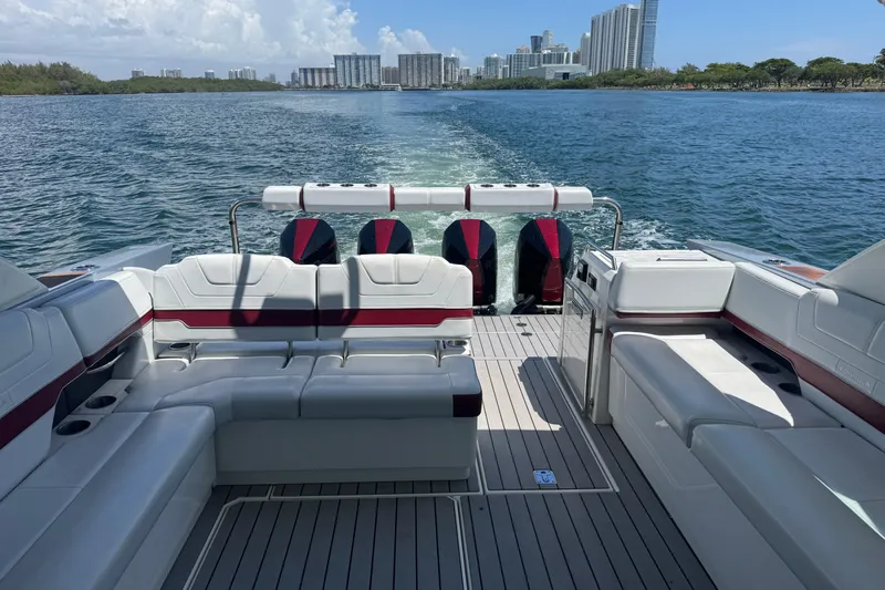  Yacht Photos Pics 2020 Formula 430 Super Sport Crossover boat interior with city skyline in background.