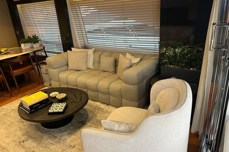  Yacht Photos Pics Luxurious interior of 2015 Azimut 80 yacht with plush seating and elegant decor.