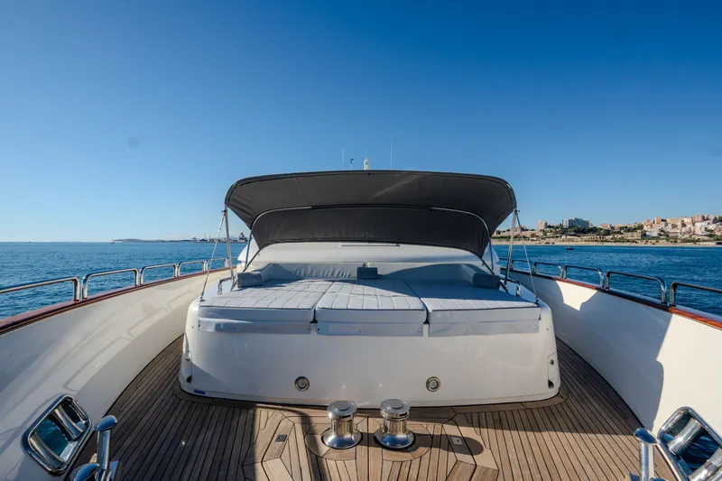  Yacht Photos Pics Azimut 105 yacht deck, 2013 model, with sunshade and ocean view.