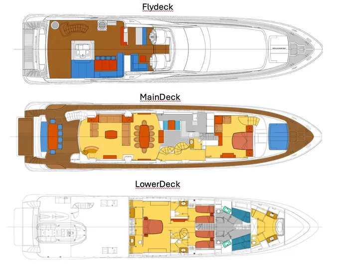  Yacht Photos Pics Deck layout of 2013 Azimut 105 yacht, featuring flydeck, main deck, and lower deck.