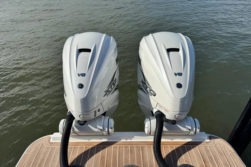  Yacht Photos Pics Twin Yamaha V8 outboard engines on a 2022 Regulator 34 boat, viewed from the stern.