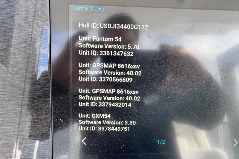  Yacht Photos Pics Display screen showing Garmin device software versions on a 2022 Regulator 34 boat.