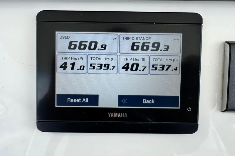  Yacht Photos Pics Yamaha display showing fuel usage and trip distance on 2022 Regulator 34 boat.